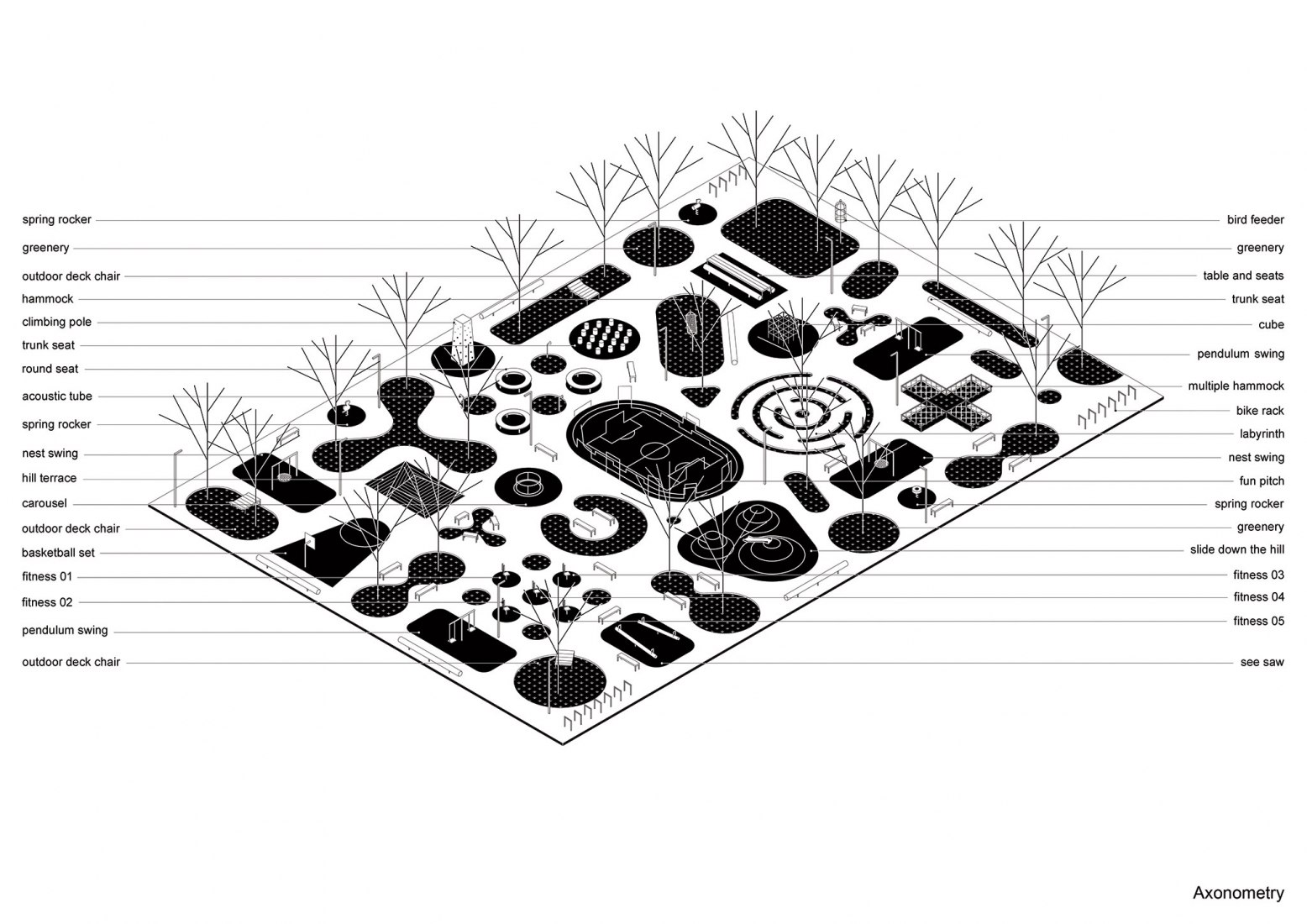Axonometry. Multifunctional public space - activity zone in Chorzów by SLAS architects.