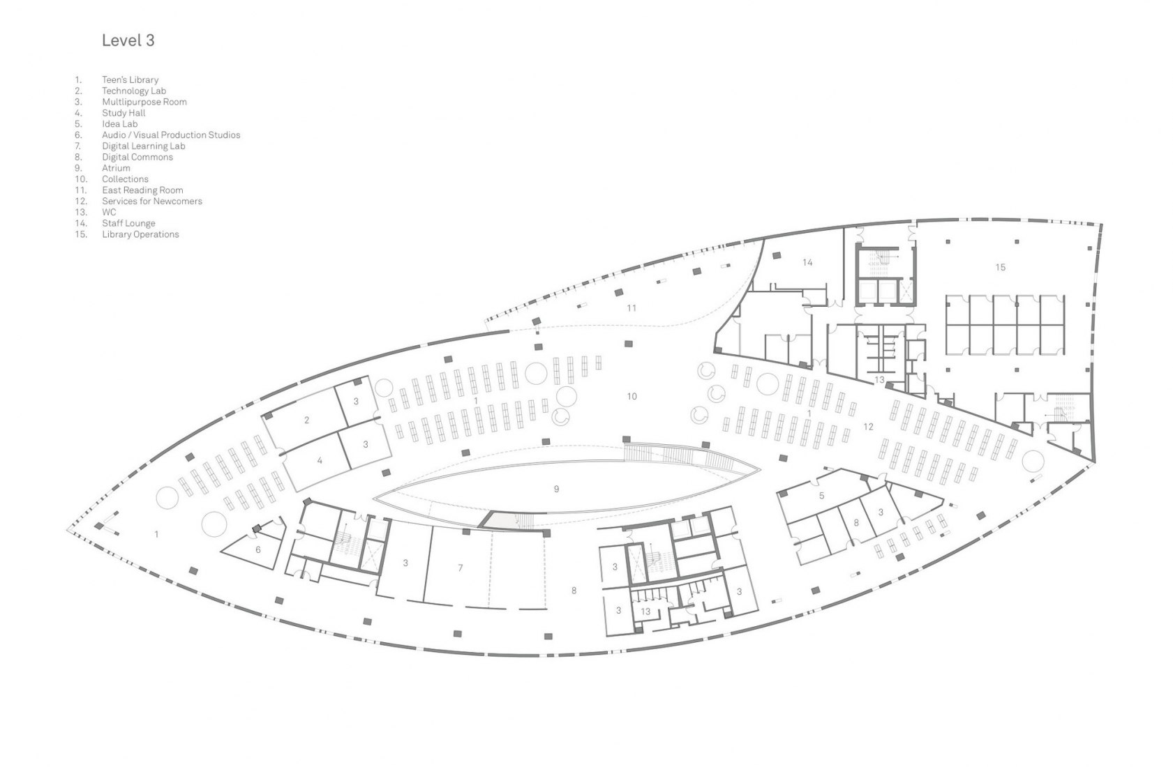Plano de planta tercera. Nueva Biblioteca Central de Calgary de Snøhetta + DIALOG.