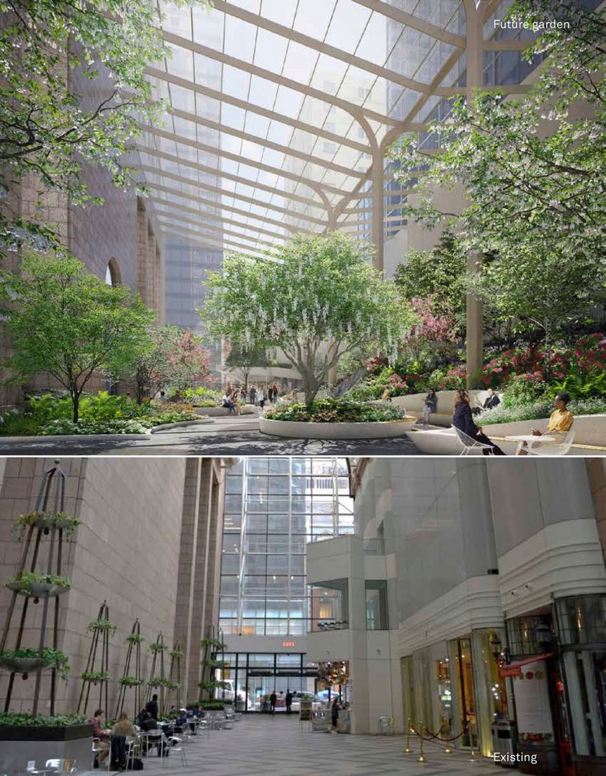 Arriba, futuro jardín y abajo el existente. Proyecto para el jardín del 550 Madison Garden de Snøhetta.