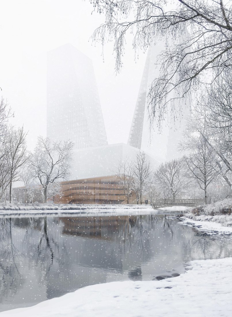 New Opera House for Düsseldorf by Snøhetta. Rendering by MIR