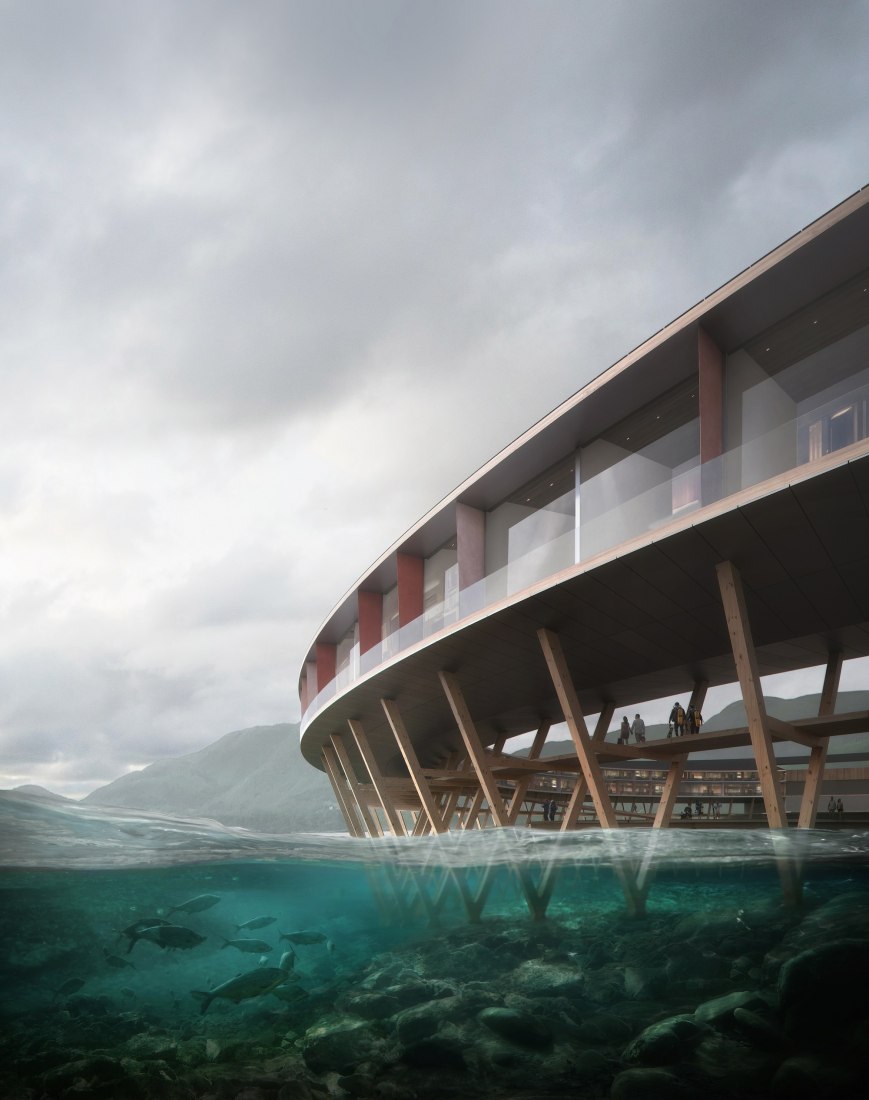 Rendering, A-shaped wooden structure used for drying fish. Svart Hotel by Snøhetta. Image © Snøhetta/Plompmozes