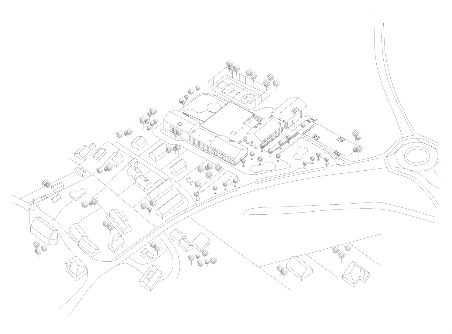 Axonometric. Elementary School Amos for Psáry and Dolní Jirčany by SOA architekti. 
