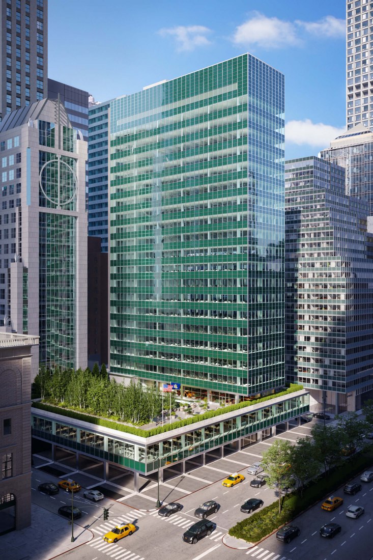 Rendering of the Lever House post-renovation, with the new grove of trees added on the third-floor terrace. Rendering by TMRW.BP.