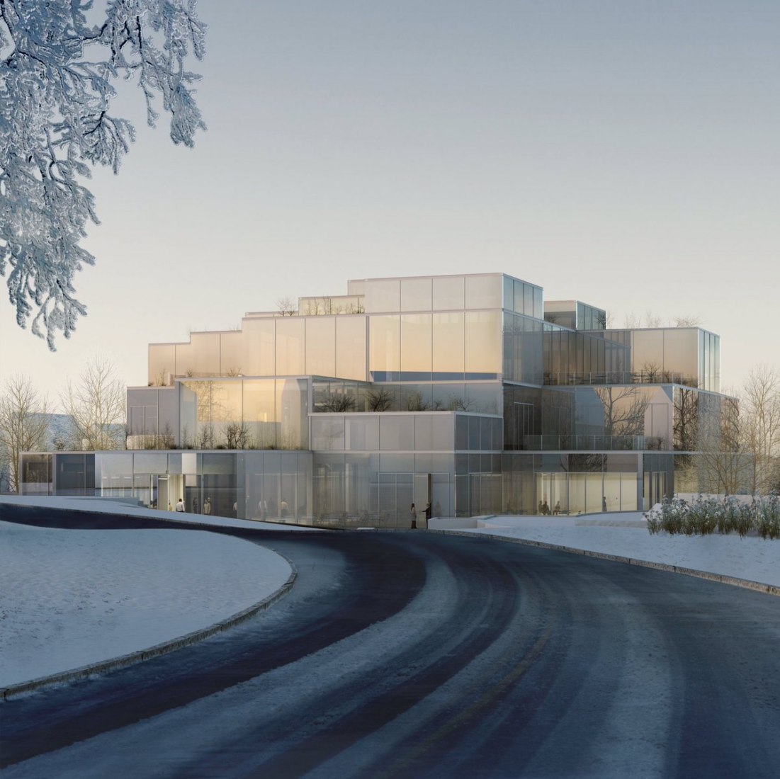 Rendering, snow landscape. New HSG Learning Center in St. Gallen University by Sou Fujimoto Architects. Image courtesy of University of St. Gallen
