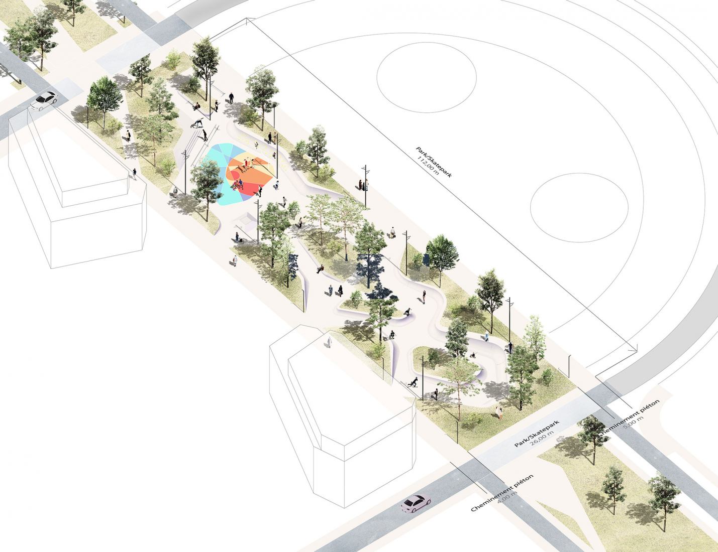 Axonometría. Parque de «Skate» por Espace Libre.