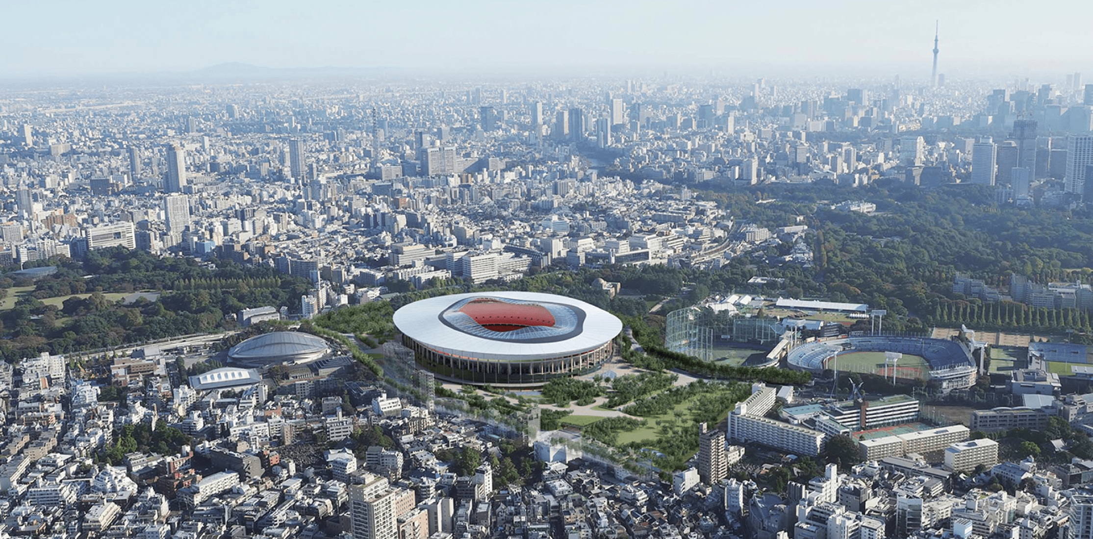 Overview. National Stadium of the 2020 Tokyo Olympics, project by Toyo Ito. Image @ Toyo Ito.