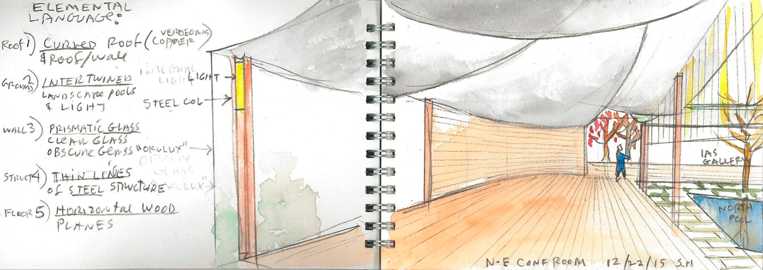 Steven Holl’s watercolor concept sketches for the Rubenstein Commons at the Institute for Advanced Study.