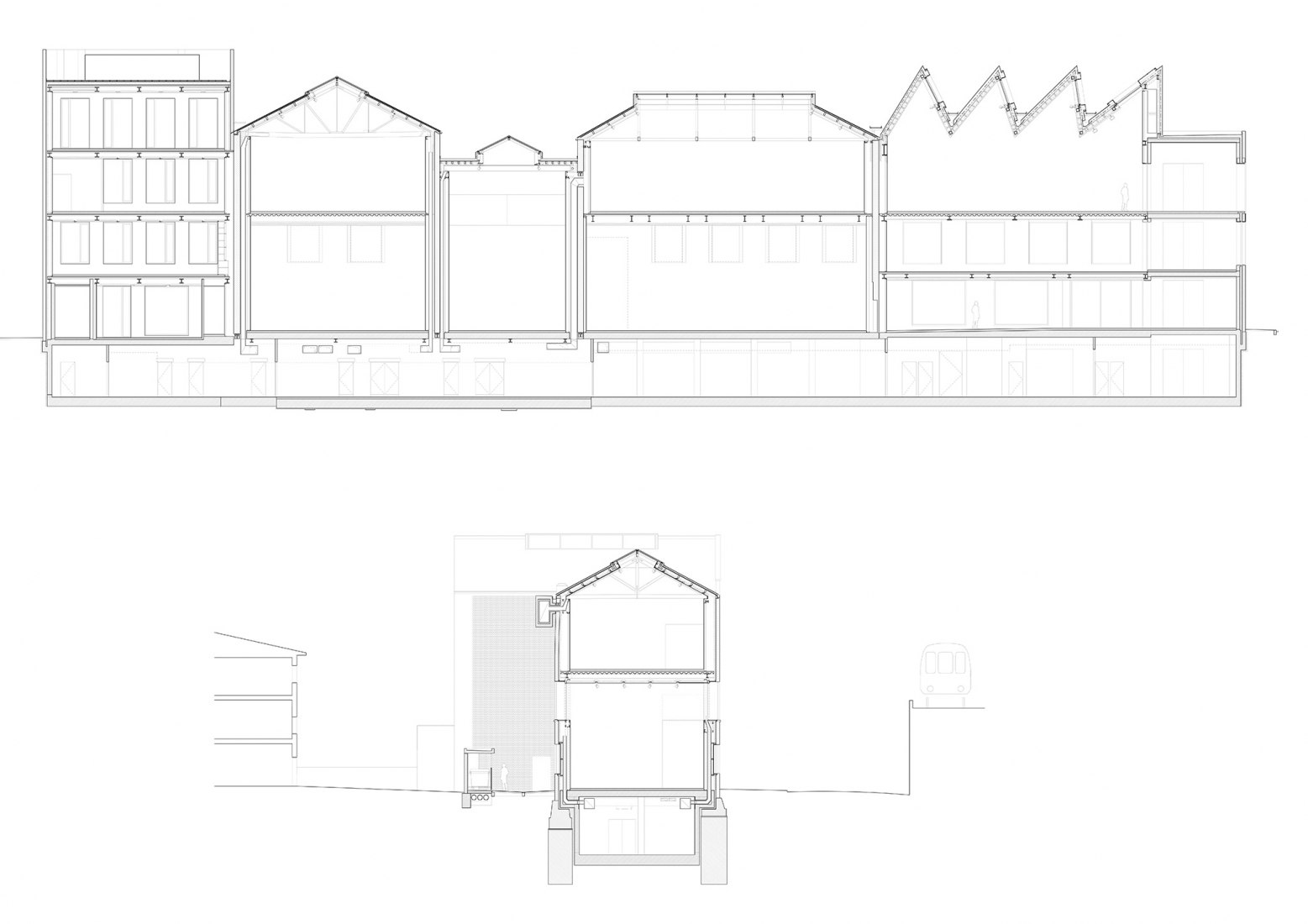 Above - North - south section through galleries.  Below - East - west section illustrating the building's relationship with the adjacent trainlines. Newport Street Gallery © 2015 Caruso St John Architects.