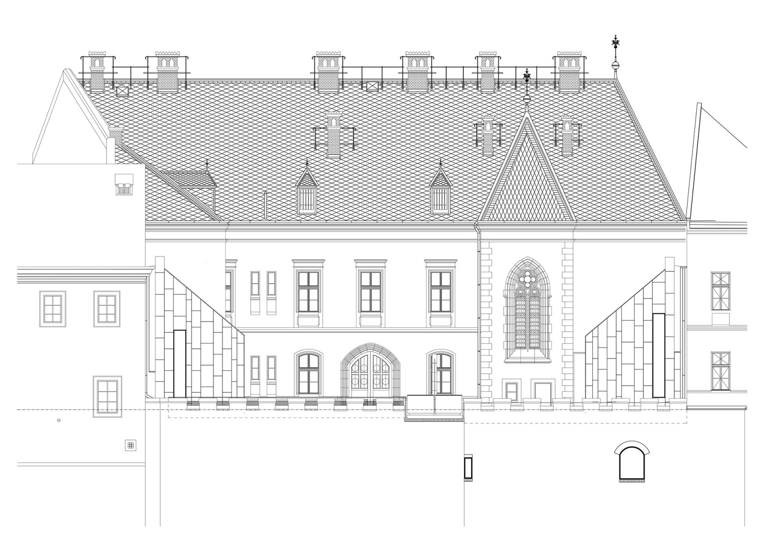 Alzado norte. Reconstrucción y ampliación del Nuevo Provostry por Studio Acht. 