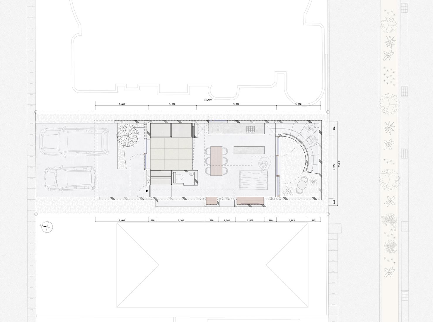 Plano de planta baja. Casa en Nishizaki por Studio Cochi Architects.
