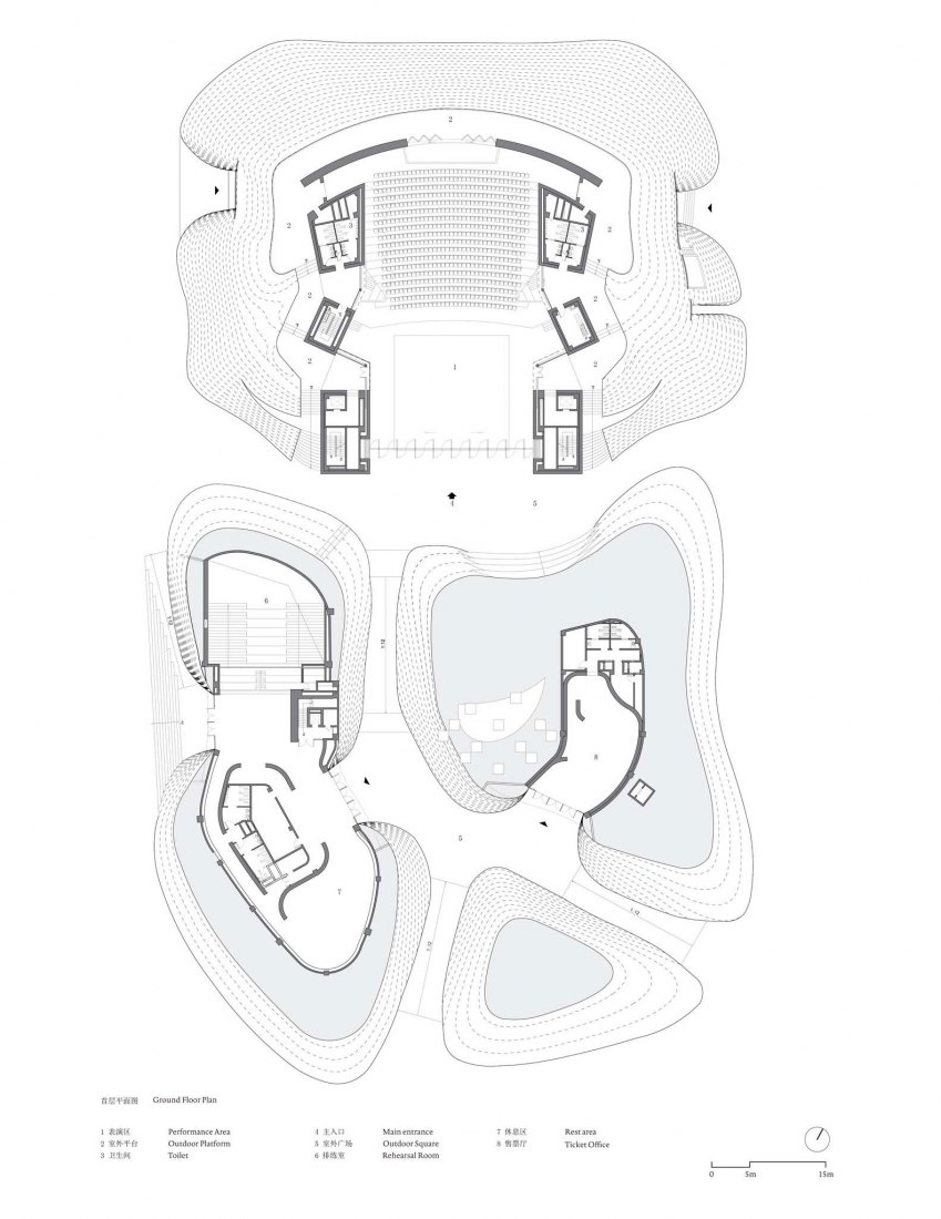 Plano de planta baja. Centro de Artes Escénicas de Yangliping por Studio Zhu Pei.