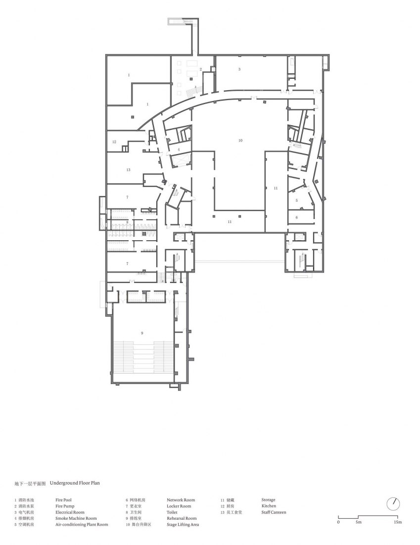 Planta sótano. Centro de Artes Escénicas de Yangliping por Studio Zhu Pei.