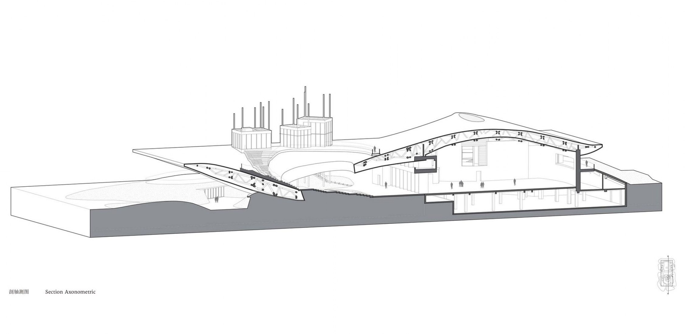 Sección axonométrica. Centro de Artes Escénicas de Yangliping por Studio Zhu Pei.