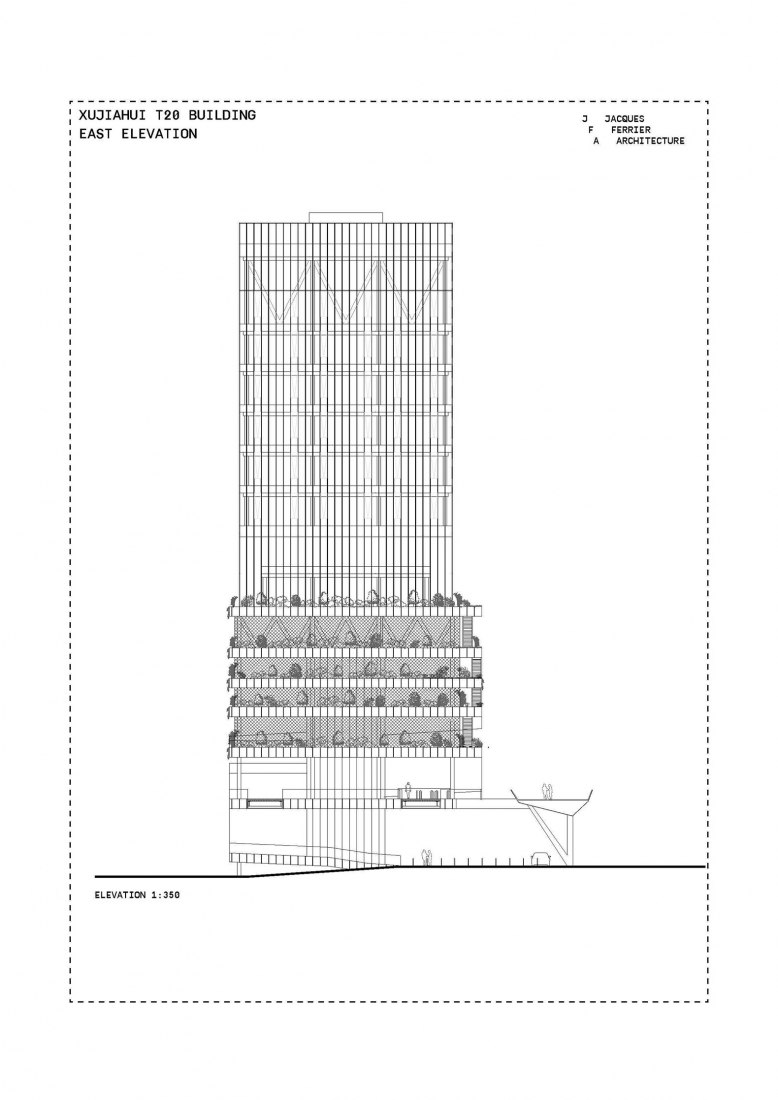 Elevation. T20 in Xujiahui by Jacques Ferrier Architecture and Sensual City Studio.