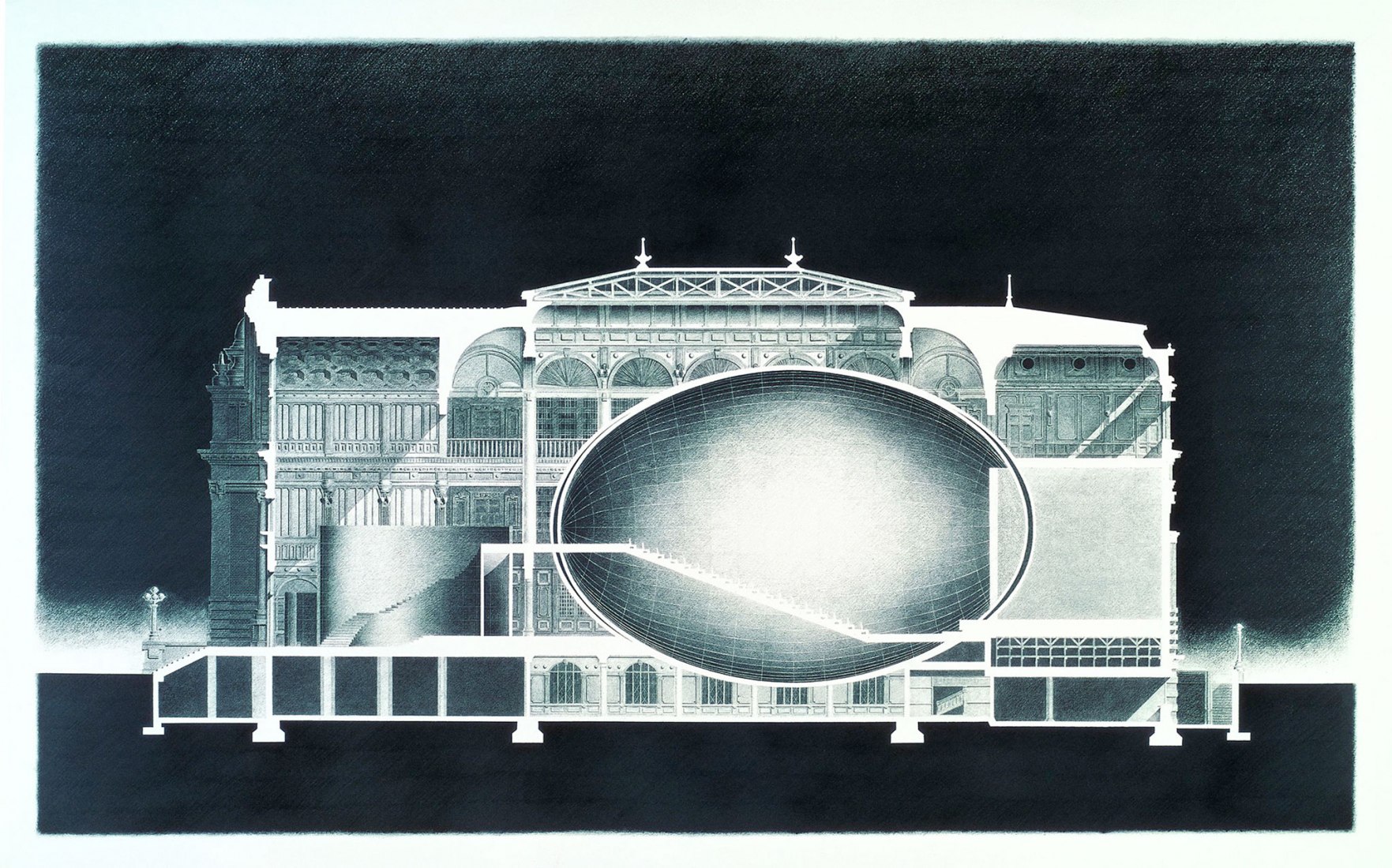 Dibujo del Proyecto Nakanoshima II - Huevo urbano (propuesta). Fotografía de Tadao Ando Architect & Associates.