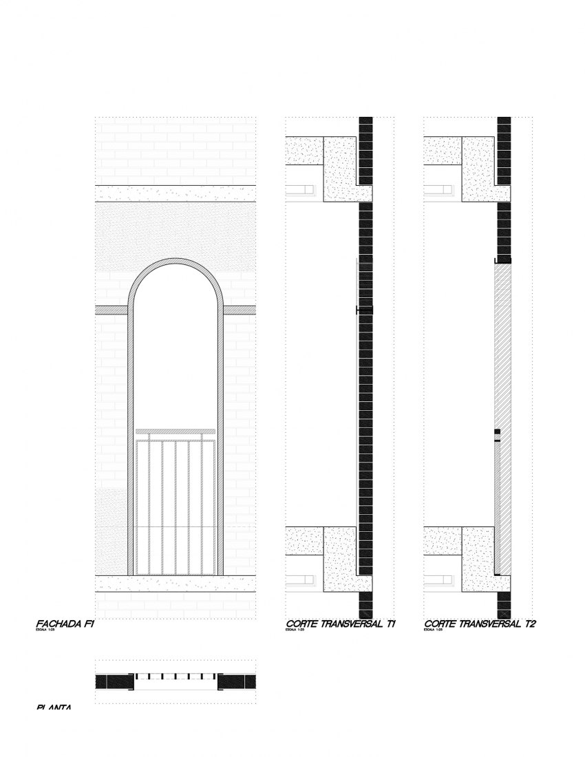 Sección transversal de fachada por el arco. Universidad Carolina – Fase I por Manuel Martínez, Alejandro Madero y Yolanda Ceballos