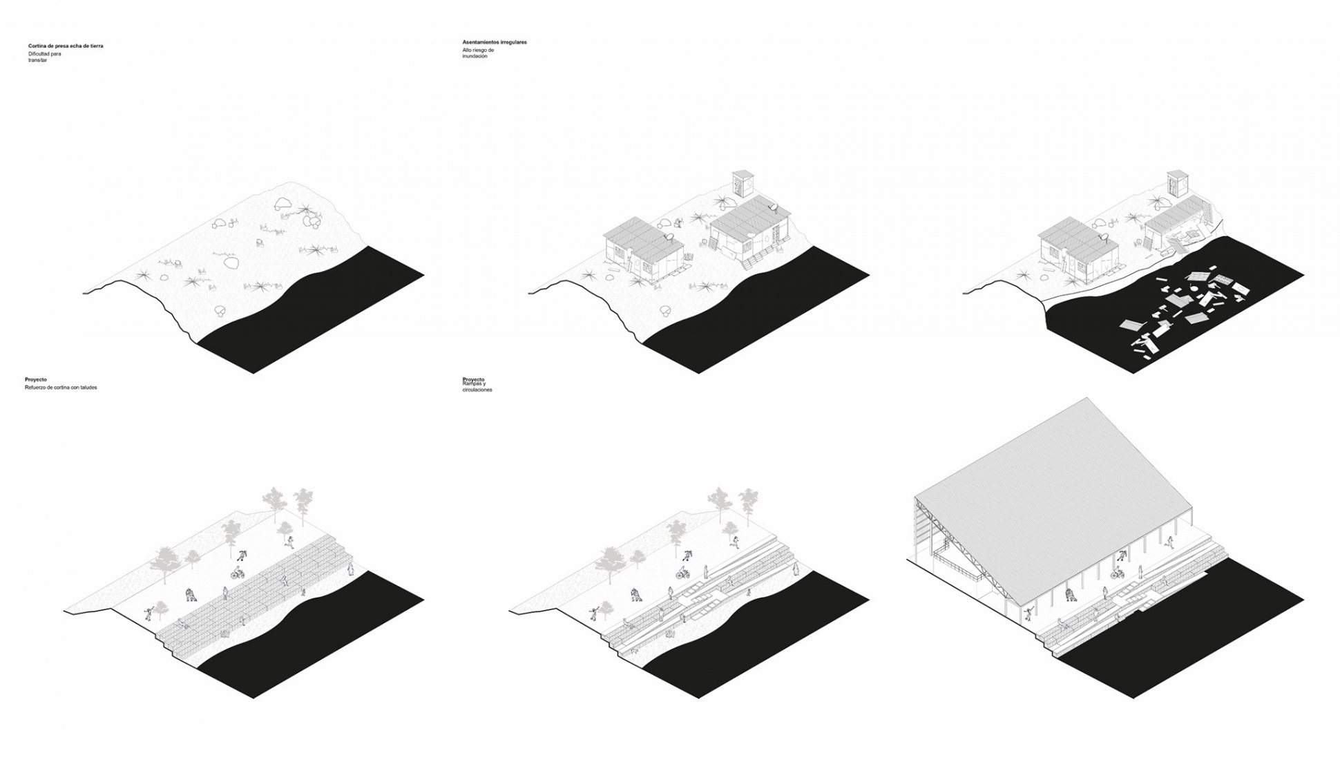 Axonométrica del Plano situación del Parque Represo Colosio por Taller Capital.