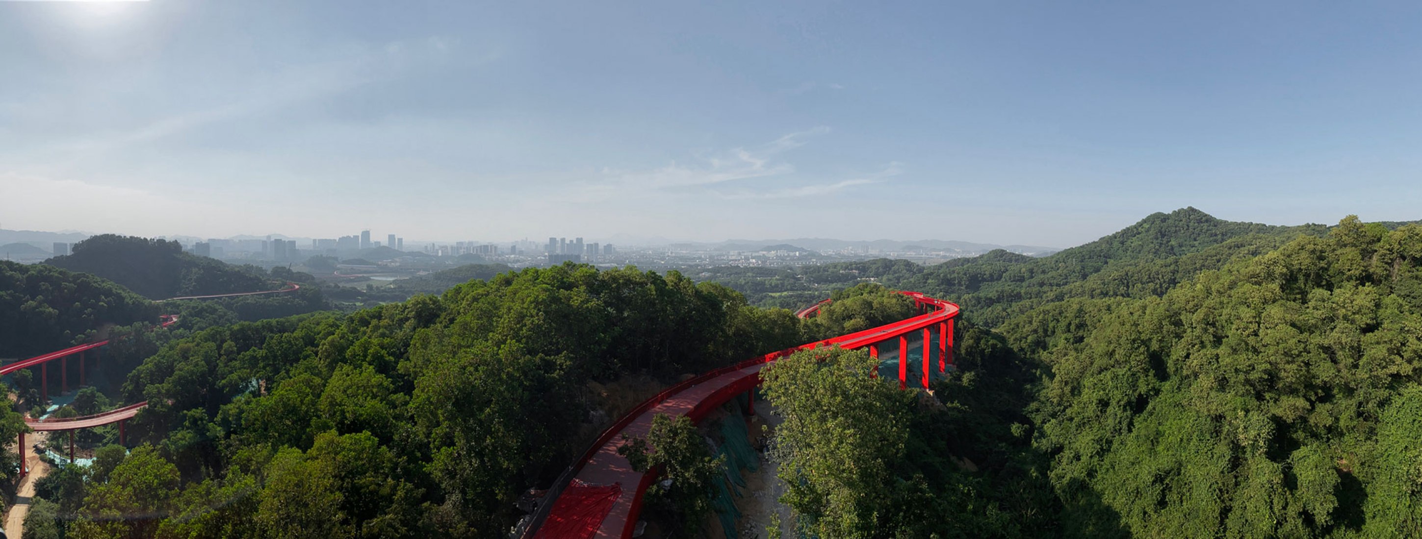 A red line in the forest. Guangming Forest Sports Park by