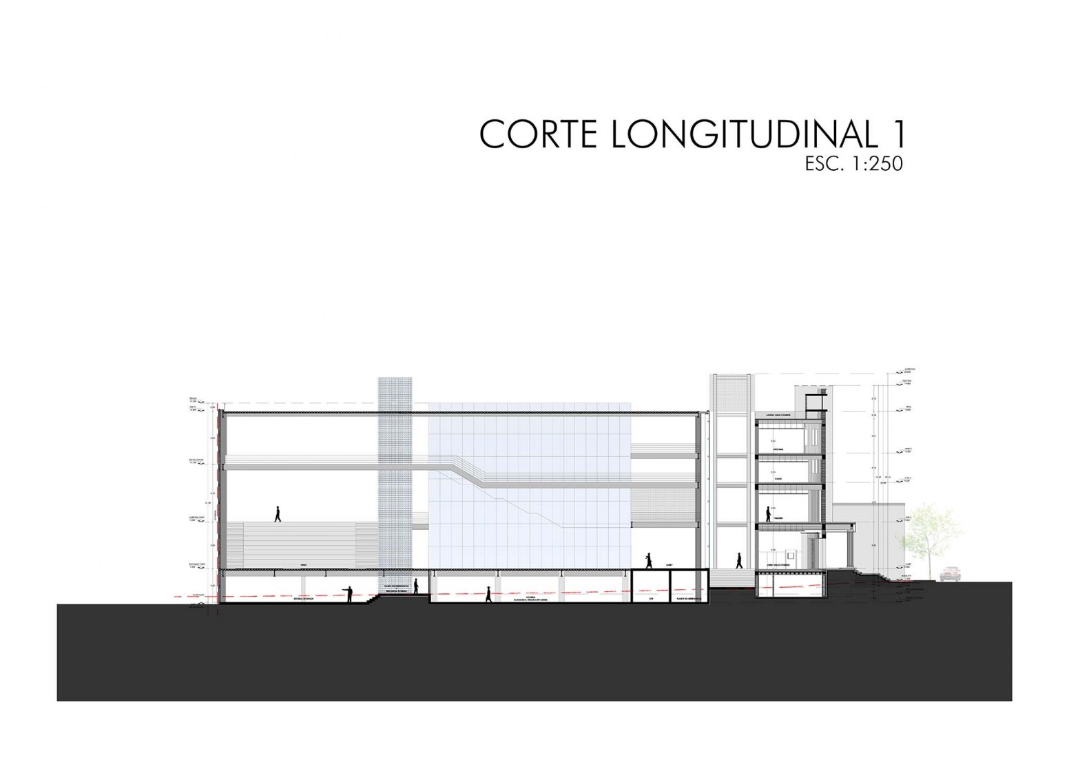 Sección longitudinal 1. Faro Cosmos por TEN Arquitectos.