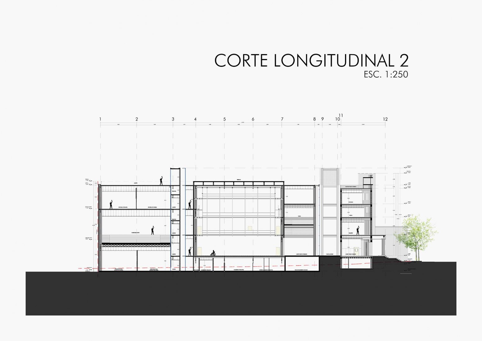 Sección longitudinal 2. Faro Cosmos por TEN Arquitectos.