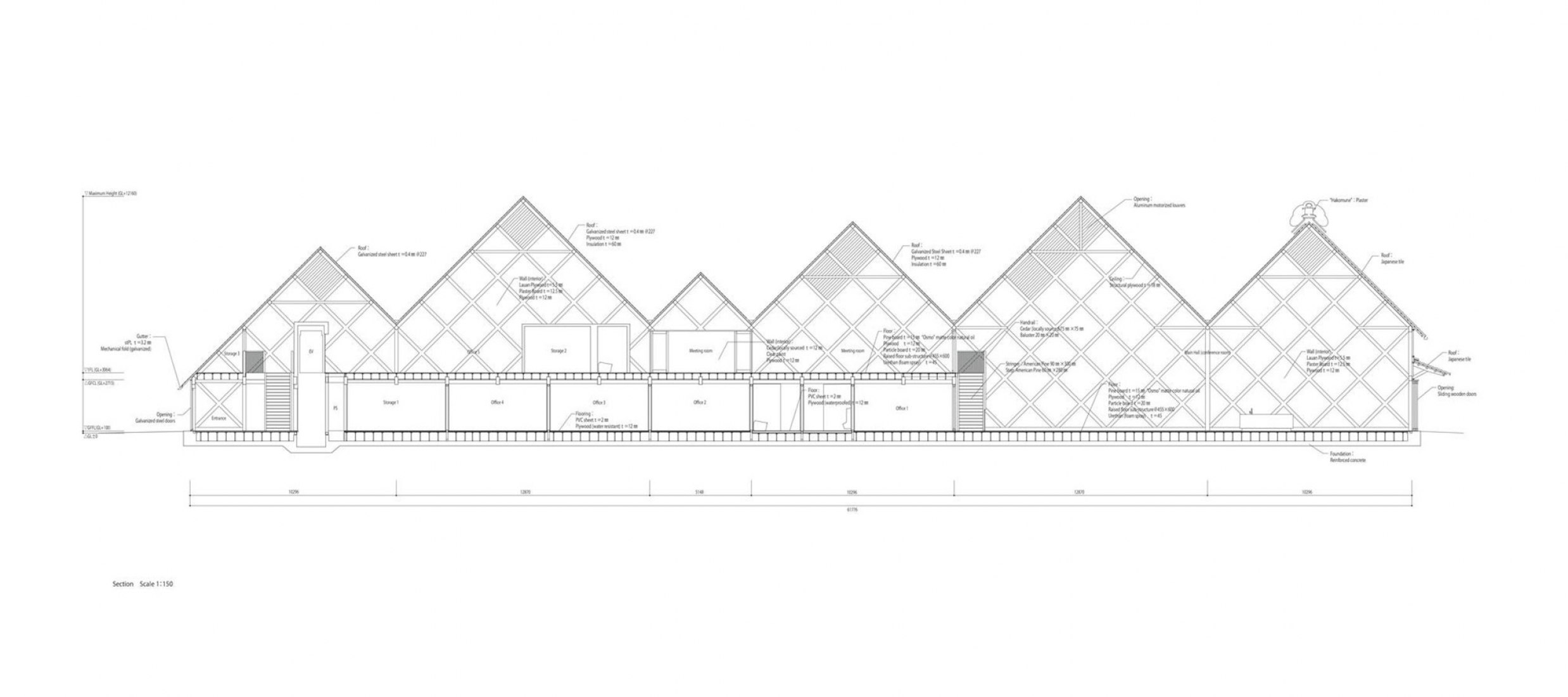 Sección. Cámara de Comercio e Industria de Tomioka por Tezuka Architects.ioka Chamber of Commerce and Industry by Tezuka Architects.
