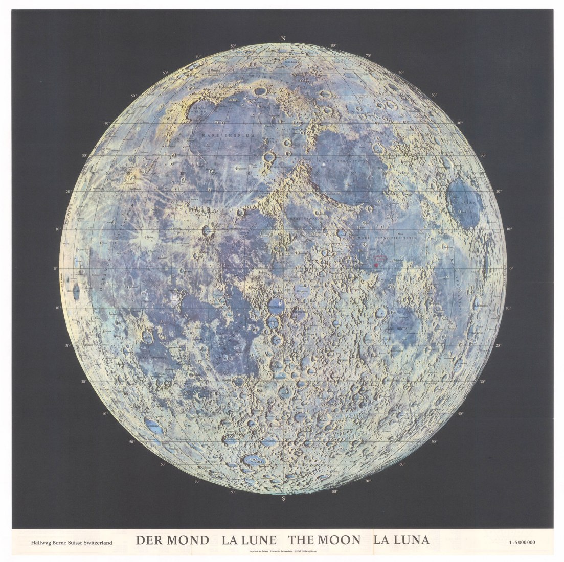 Der Mond, La Lune, The Moon, La Luna. Creado por Hans Schwarzenback y publicado por Hallwag en 1969. El mapa celebra la misión Apollo 11 y el sitio de aterrizaje está marcado con un punto rojo.
