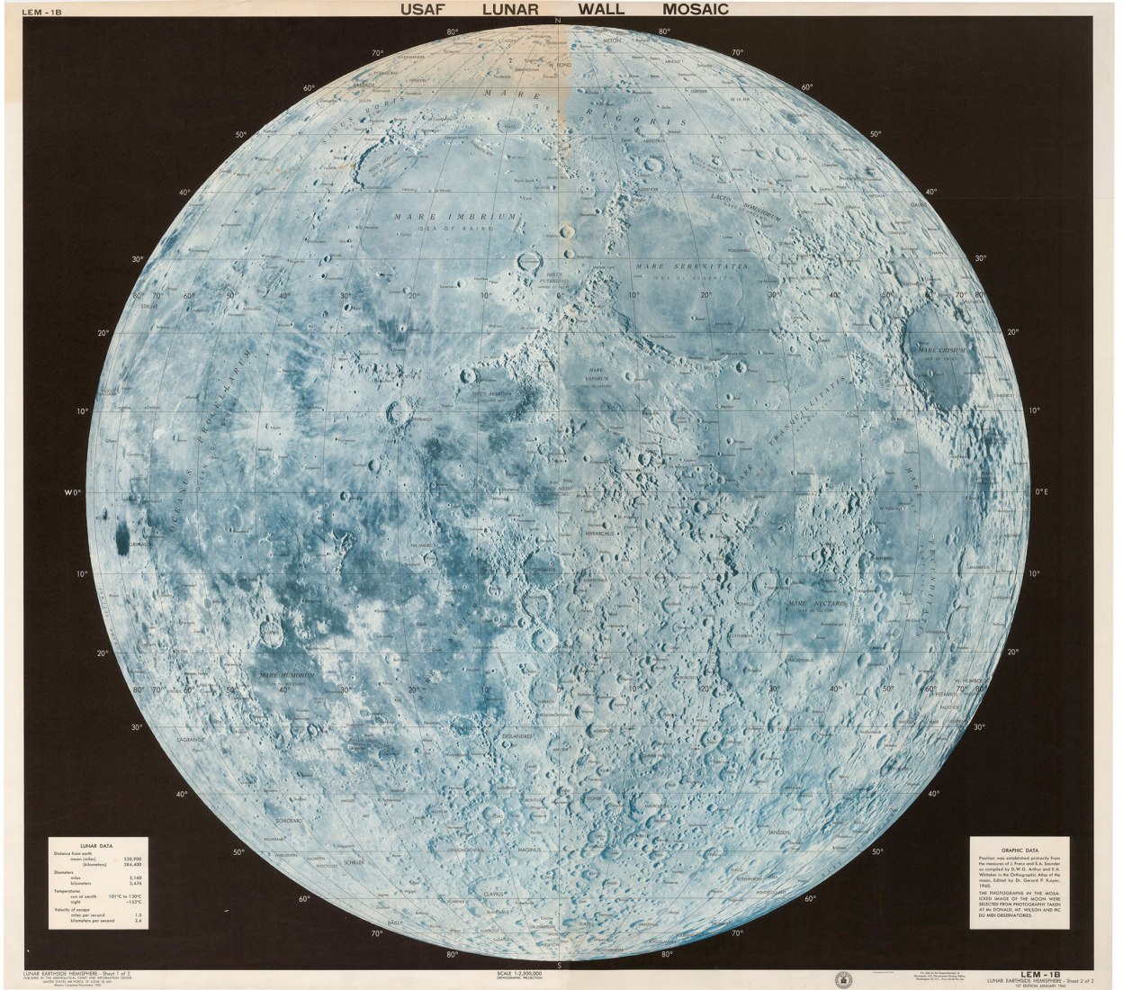 El USAF Lunar Wall Mosaic fue creado combinando más de cien imágenes. El mapa en relieve de la luna de Falk Verlag fue publicado en 1968.