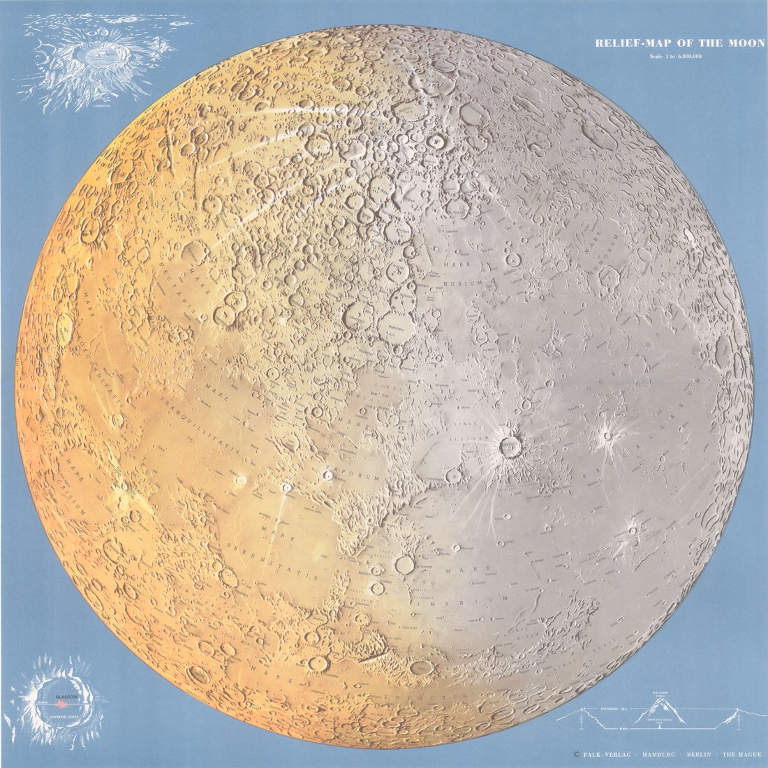 El mapa en relieve de la luna de Falk Verlag fue publicado en 1968. El relieve documentado se ve a través de un telescopio y se muestra mediante sombreado y dibujos de formas terrestres.