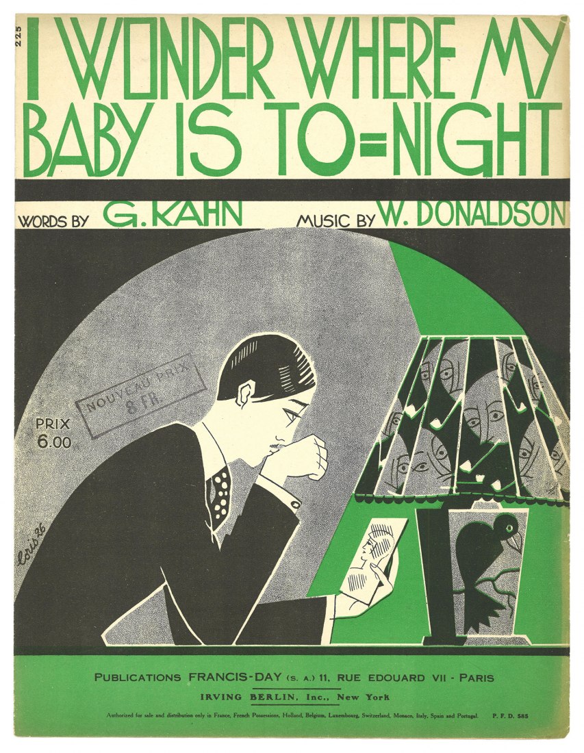¡Me pregunto dónde estará mi chica esta noche!, (I Wonder Where My Baby Is To-Night!), 1926. Música de Walter Donaldson, letra de Gus Kahn, portada de Fabien Loris. Francis-Day, París (ed.) Colección Dora und Walter Labhart