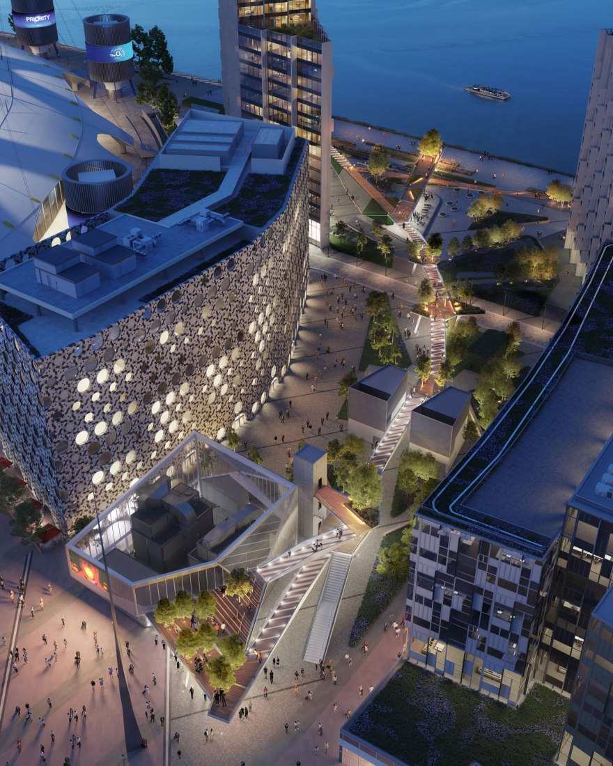 Night view. Rendering. Tide Linear Park by Diller Scofidio + Renfro. Renderings by Uniform.