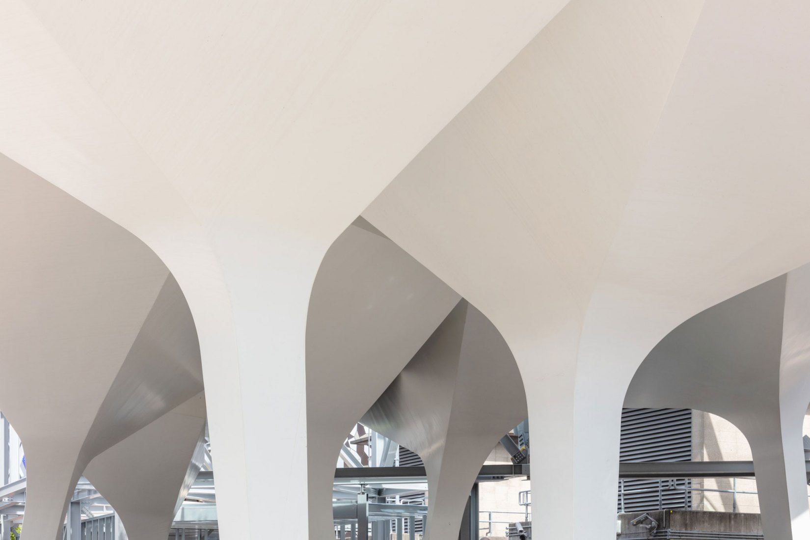 Detail Shot of Steel Structural Supports from Ground Level. Tide Linear Park by Diller Scofidio + Renfro. Photograph by Luke Hayes