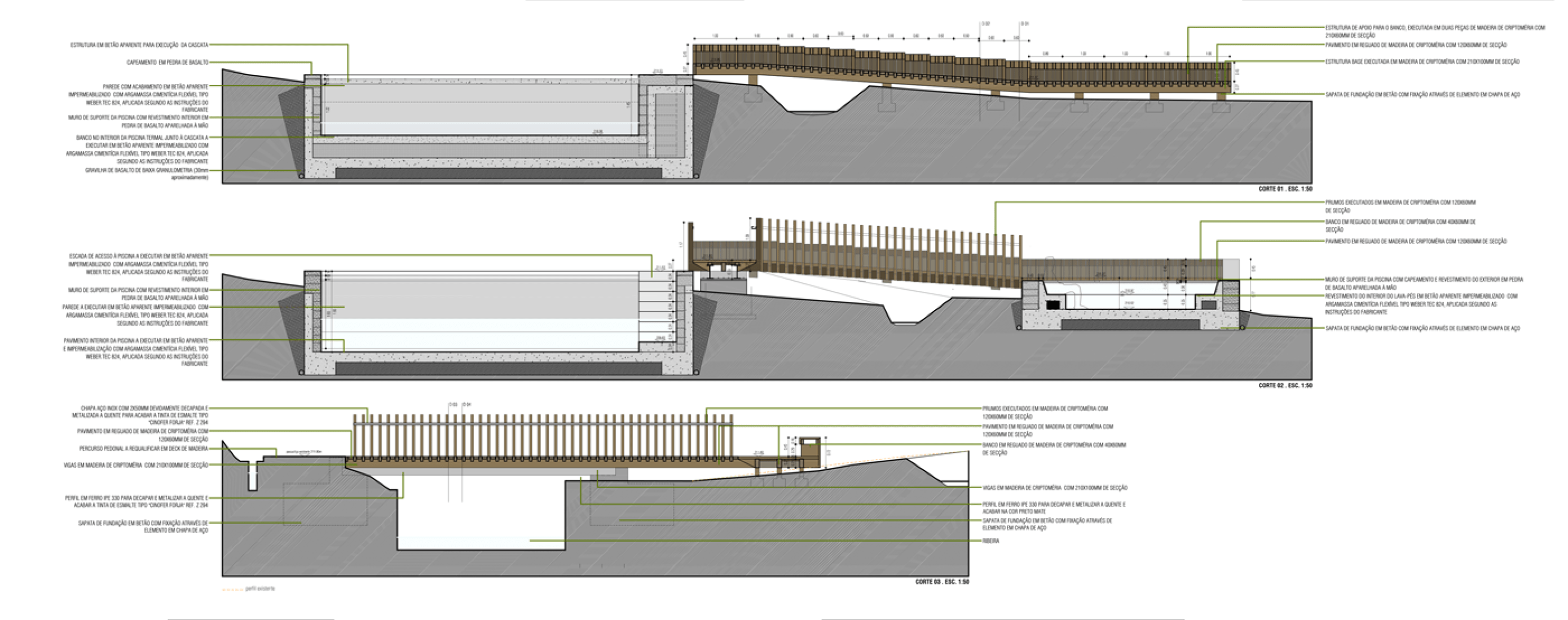 Secciones. Piscinas Termales Poça da Dona Beija por M - Arquitectos, Açores, Portugal. Imagen © cortesía de M-Arquitectos. Señala encima de la imagen para verla más grande.  Piscinas Termales Poça da Dona Beija por M - Arquitectos, Açores, Portugal. Fotografía © Paulo Goulart.