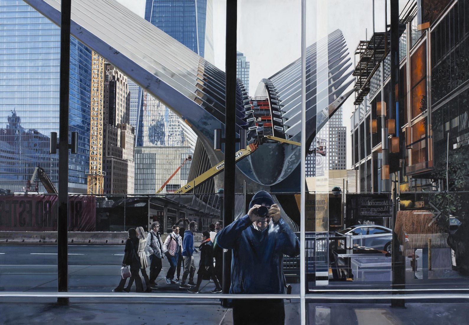 Self Portrait Near the Oculus at World Trade Center, 2017. Oil on canvas, 96,5 x 139,7 cm © Richard Estes, courtesy Marlborough Gallery, Nueva York, 2015. Courtesy of Museo Nacional Thyssen-Bornemisza
