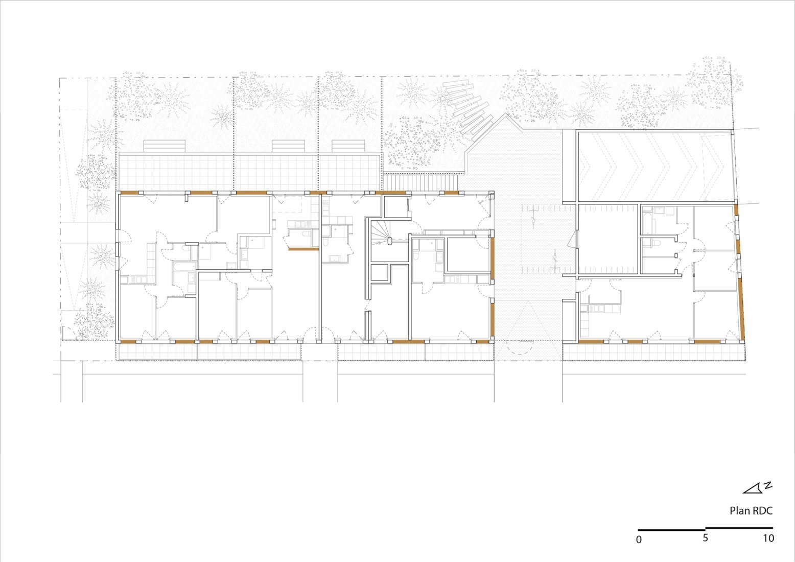 Ground floor plan. Mud brick residential building by TOA architectes associés.
