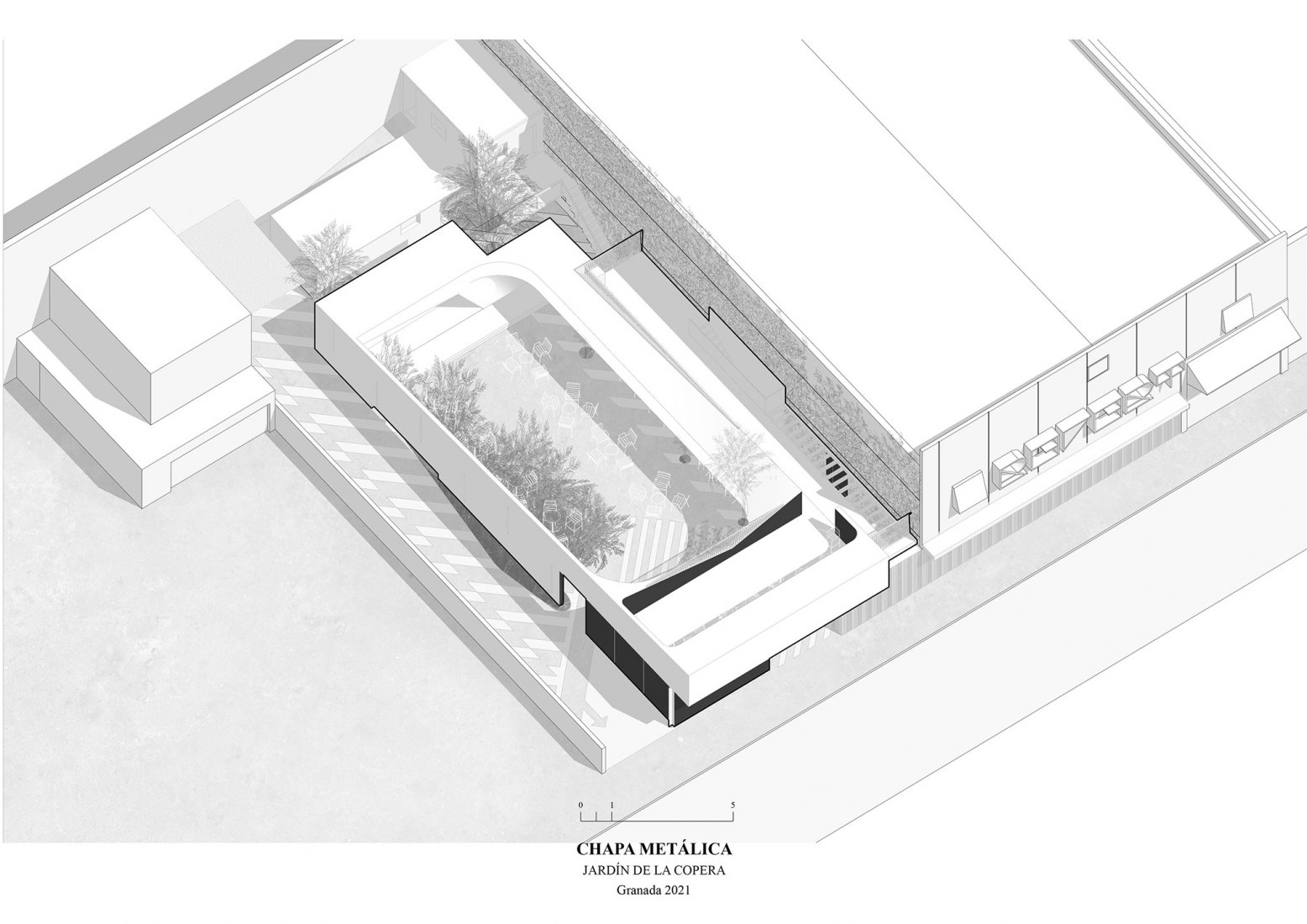 Volumetría de chapa metálica. El Jardín de la Copera por Tomás García Píriz Studio.