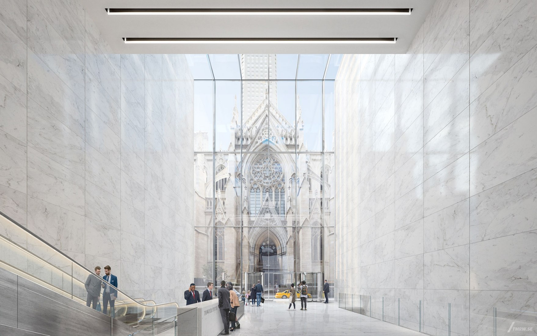 The lobby of Tower Fifth would frame an entrance to St. Patrick’s Cathedral. Tower Fifth rendering by TMRW, courtesy of Gensler for Macklowe Properties