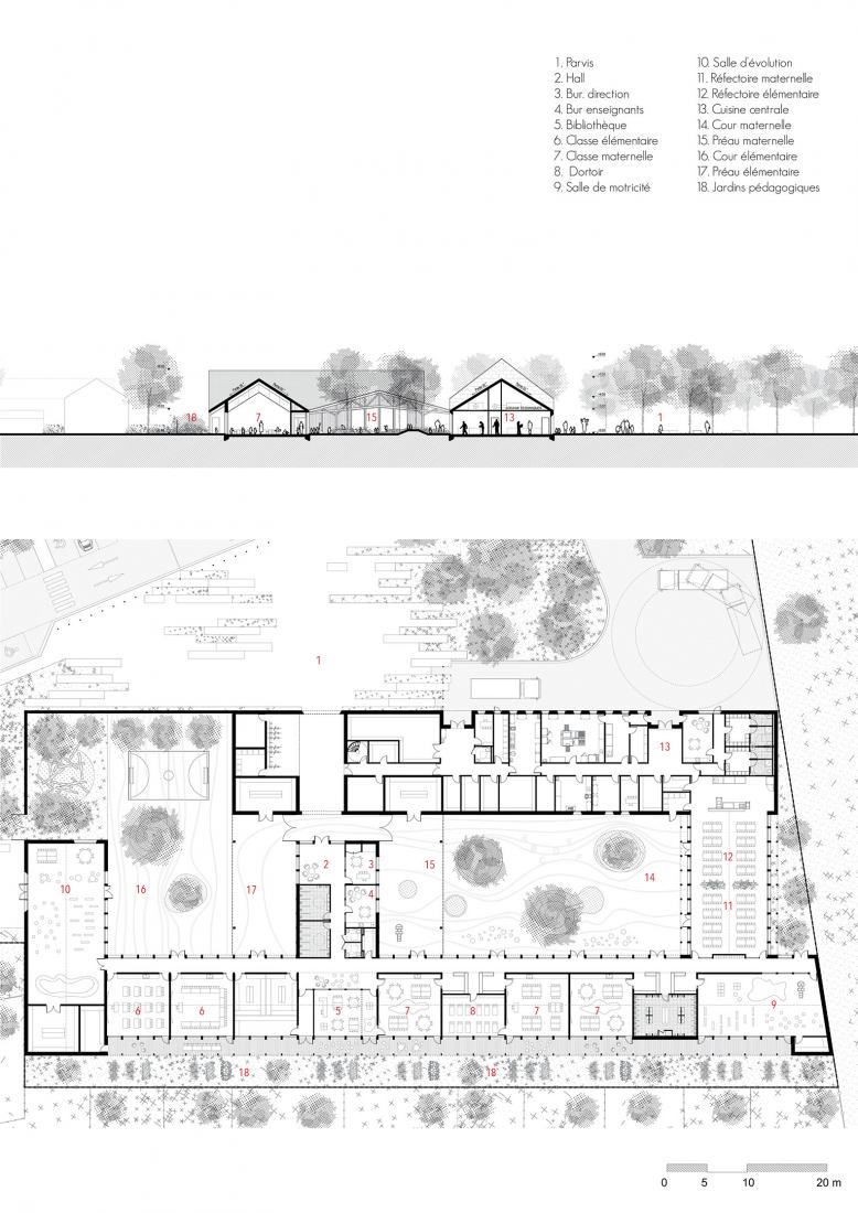 Planta y sección. Grupo escolar y cocina central por Tracks Architectes.