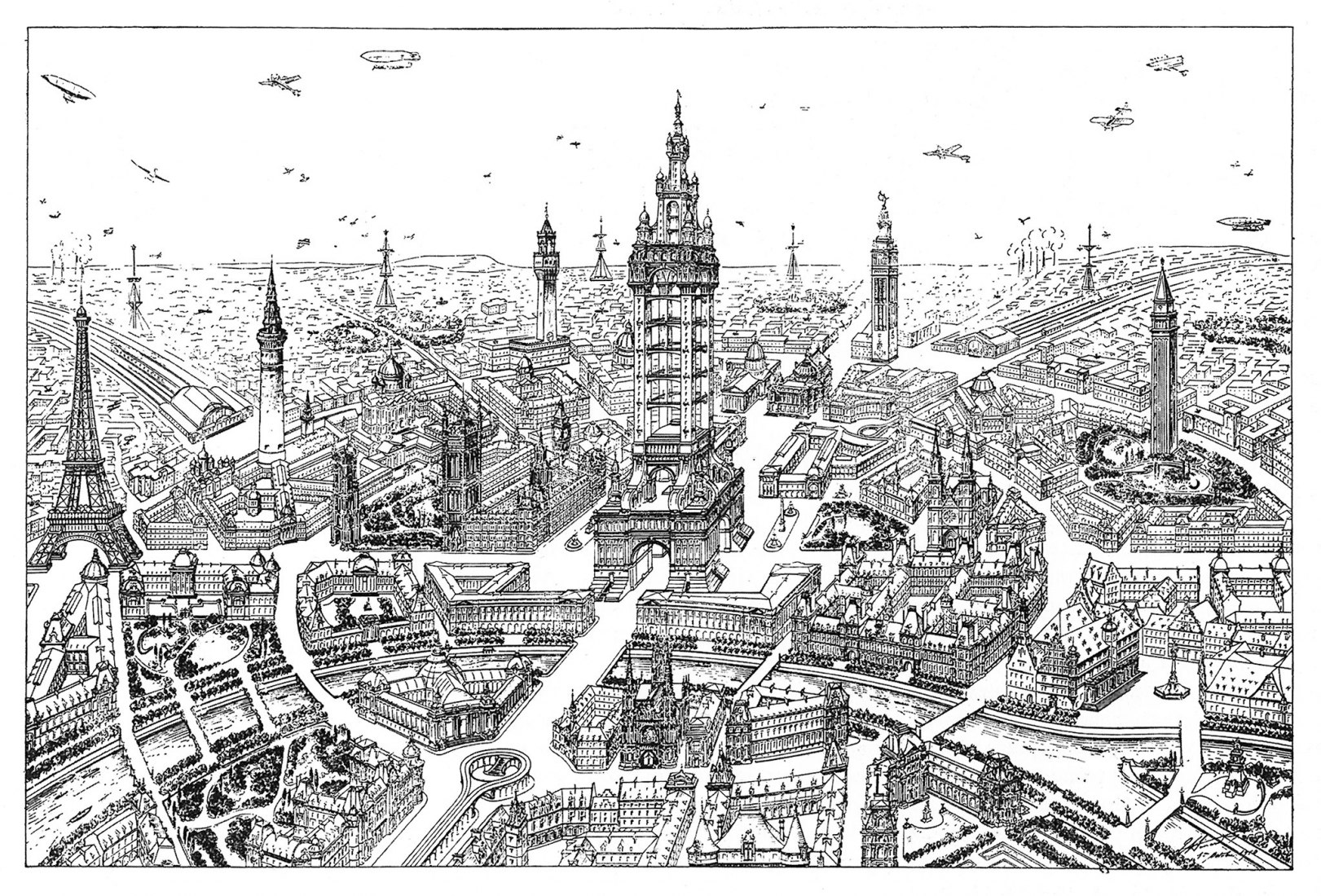 Eugène Hénard. Calle Futura, 1911. A city of the future. View from an airplane