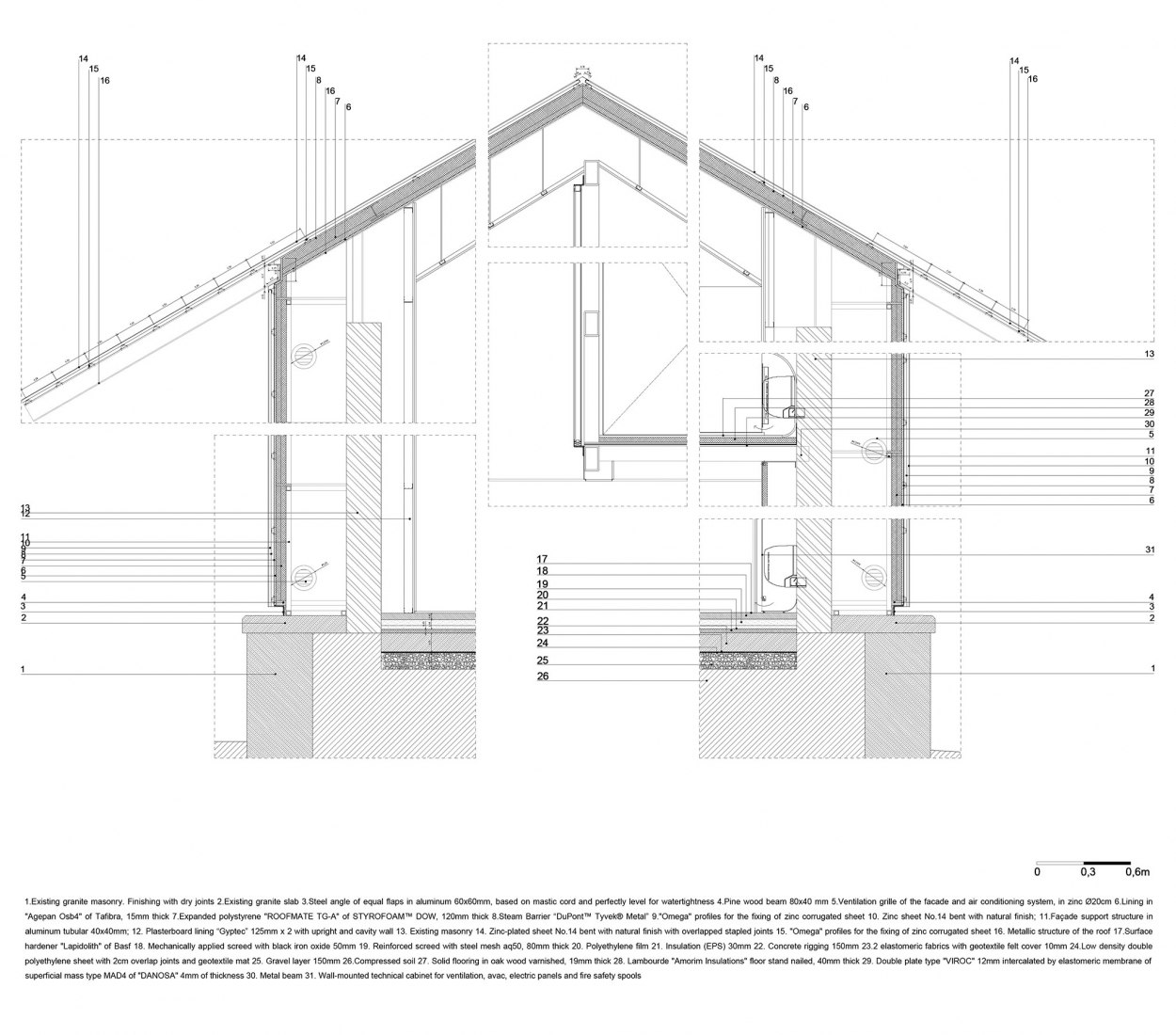 Sección constructiva, detalle norte. Centro de Interpretación del Valle del TUA por Rosmaninho+Azevedo Architects.