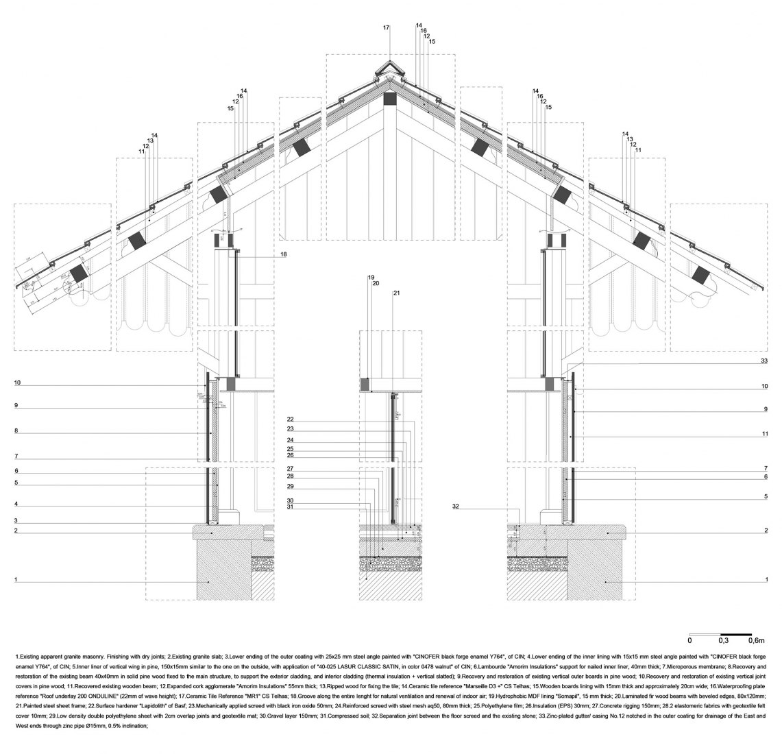 Sección constructiva, detalle sur. Centro de Interpretación del Valle del TUA por Rosmaninho+Azevedo Architects.