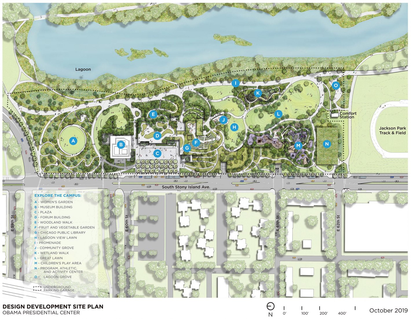 The campus site plan for the Obama Presidential Center in Jackson Park.. Images courtesy of Obama Foundation.