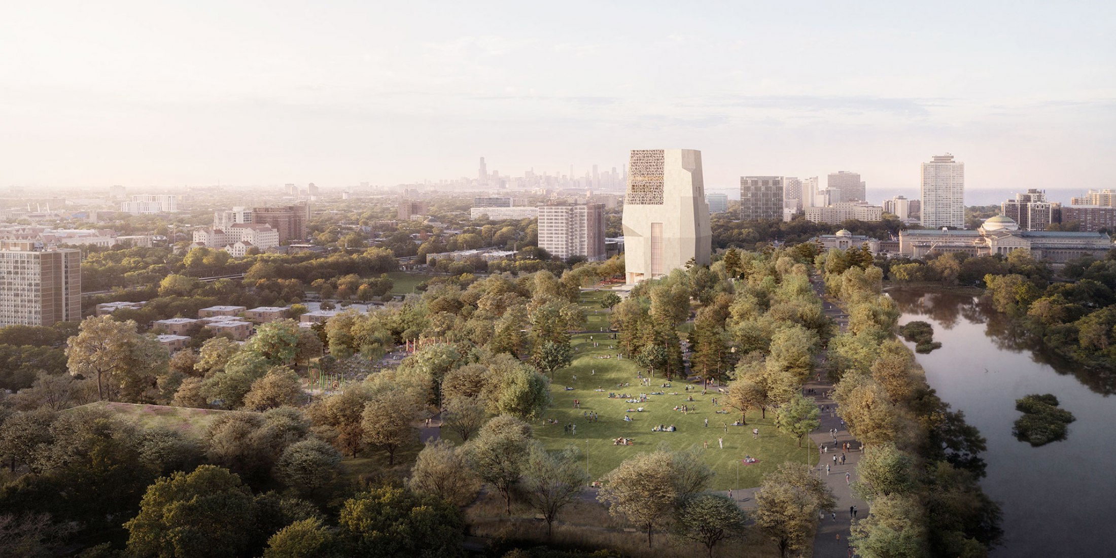 Aerial view of the proposed presidential center. Images courtesy of Obama Foundation.