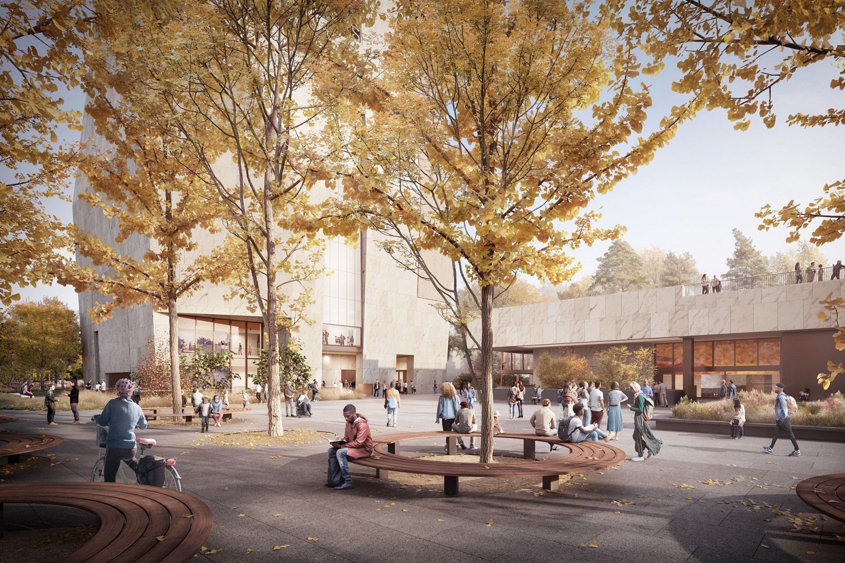  A dynamic public plaza is at the heart of the Obama Presidential Center, welcoming visitors to the campus and the Park.. Images courtesy of Obama Foundation.