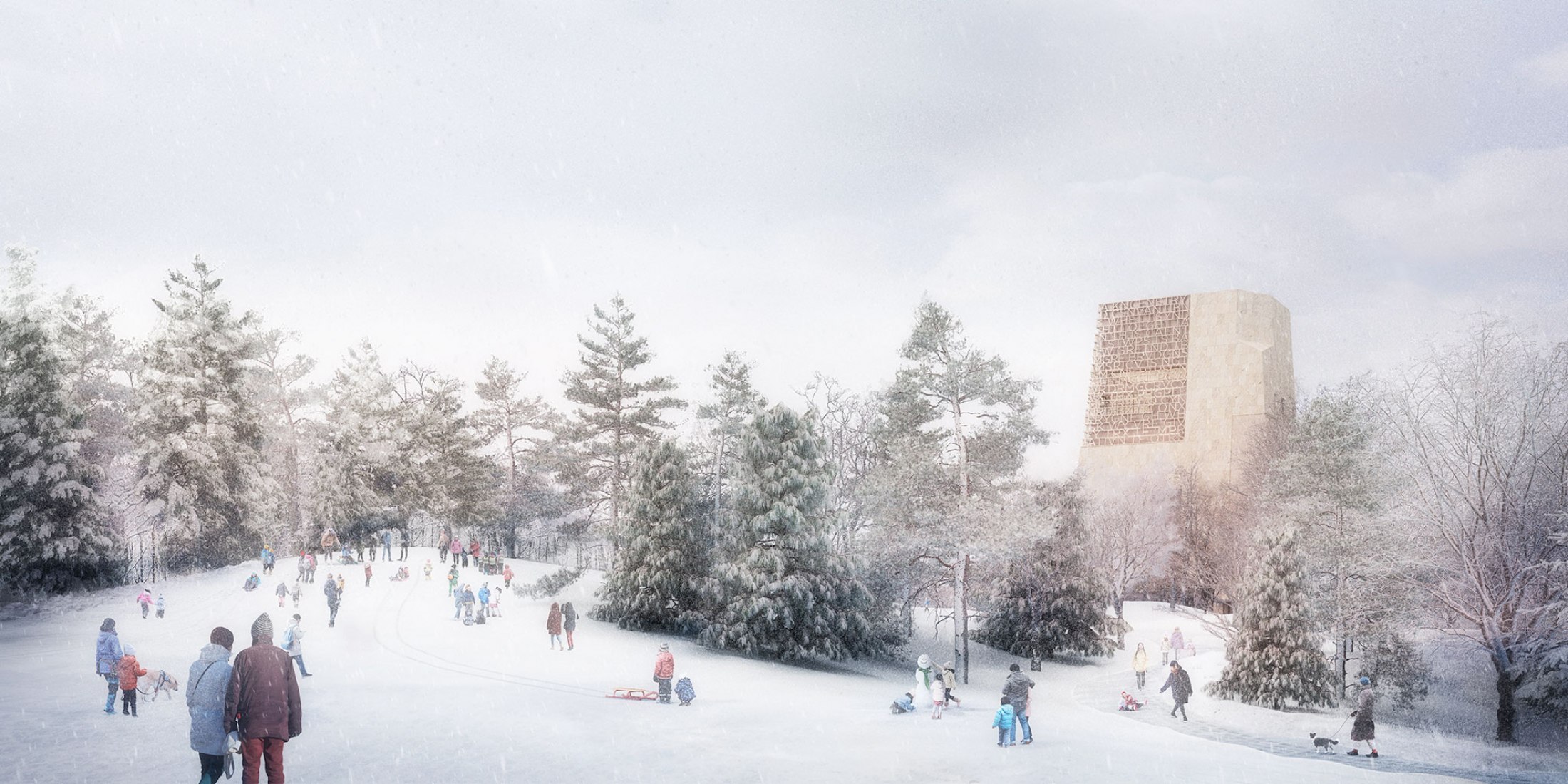 On snowy days, the Great Lawn becomes a sledding hill with a backdrop of the Museum building to the north.. Images courtesy of Obama Foundation.