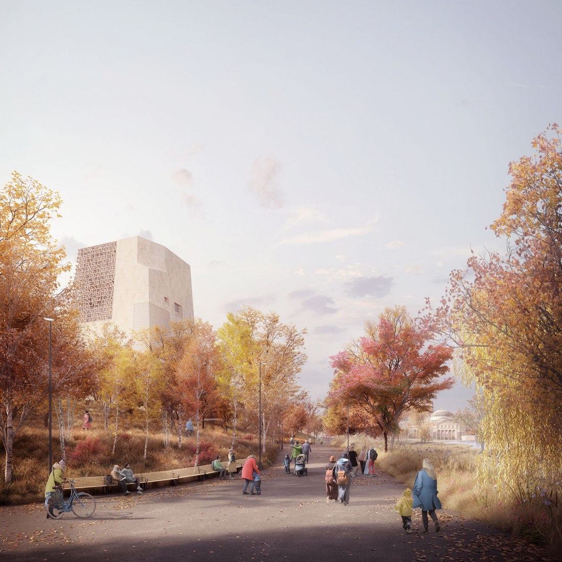 A north-facing view from the promenade toward the Museum building, the Museum of Science and Industry, and the lagoon. Images courtesy of Obama Foundation.