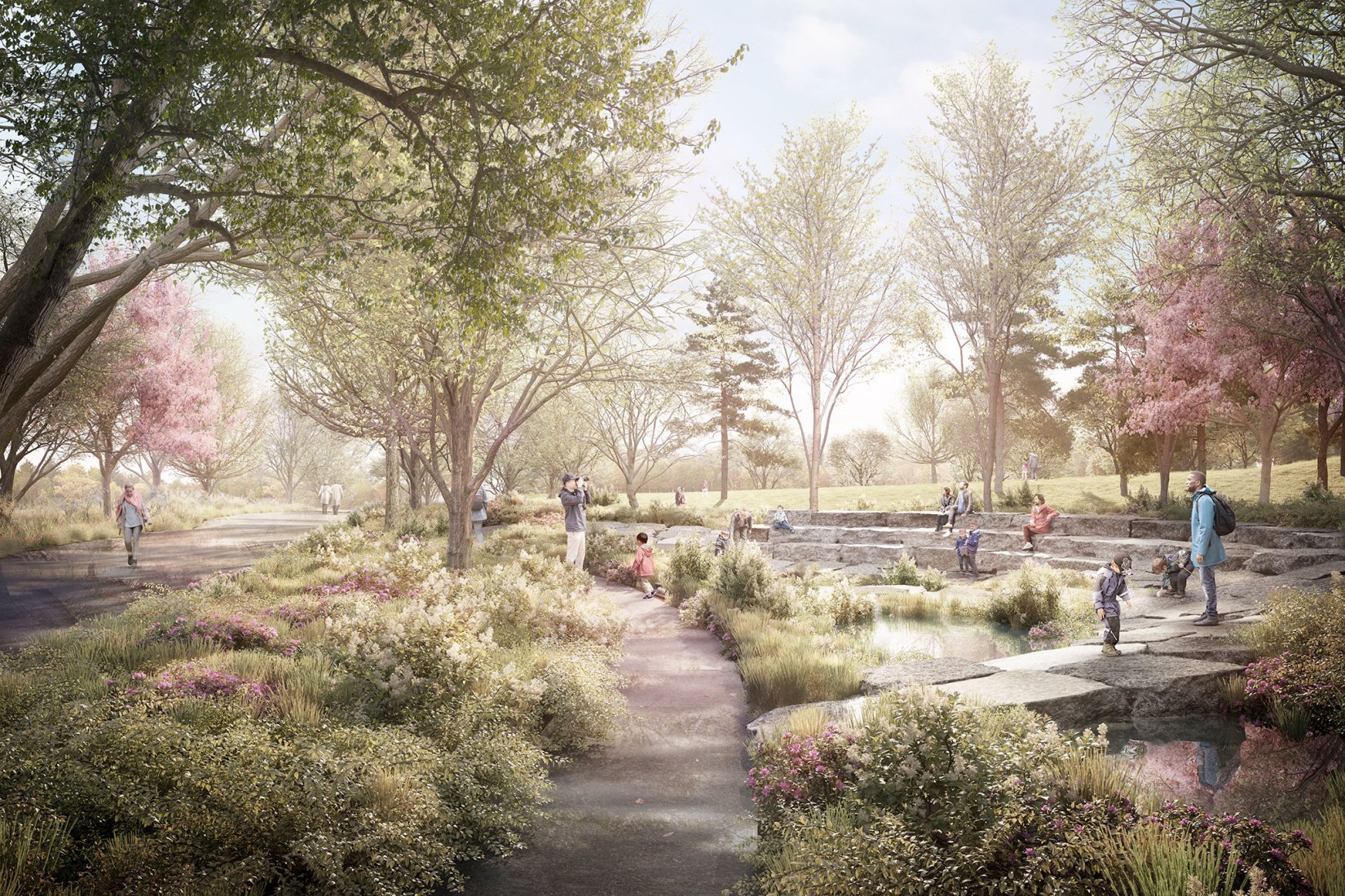 Wetland. The landscape elements include children's playgrounds and a variety of gardens. Images courtesy of Obama Foundation.