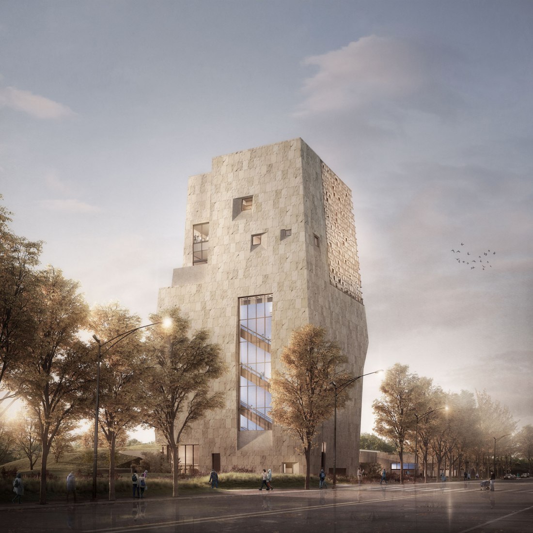 The northern facade of the Museum building, as viewed from Stony Island Avenue.. The complex is designed as a beacon in the landscape and is surrounded by a collection of hard and soft-scaped areas designed by Michael Van Valkenburgh Associates. Images courtesy of Obama Foundation.
