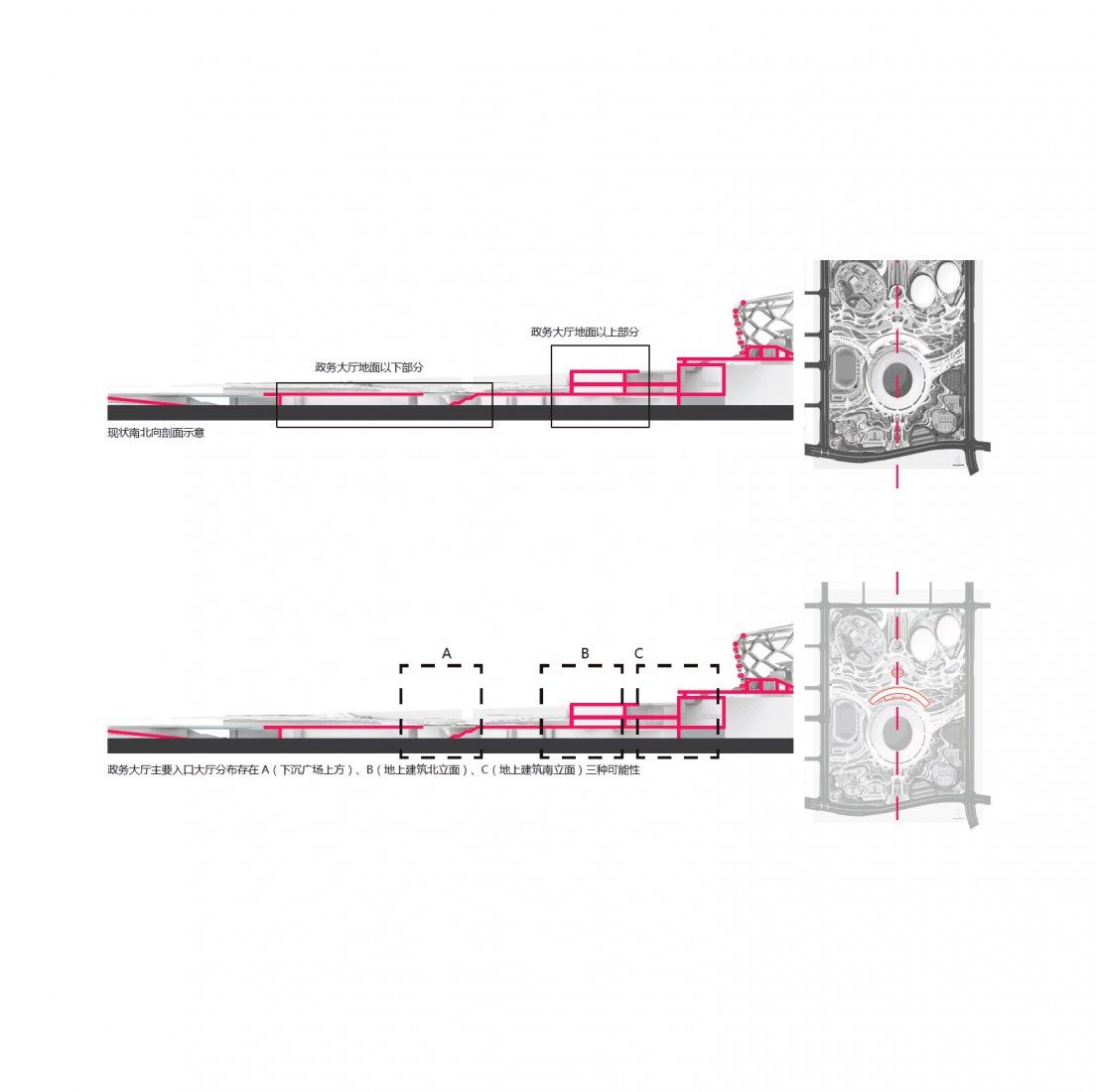 Entrance positions diagram of the Citizen Service Center. Zaozhuang Citizen Service Center by UDG.