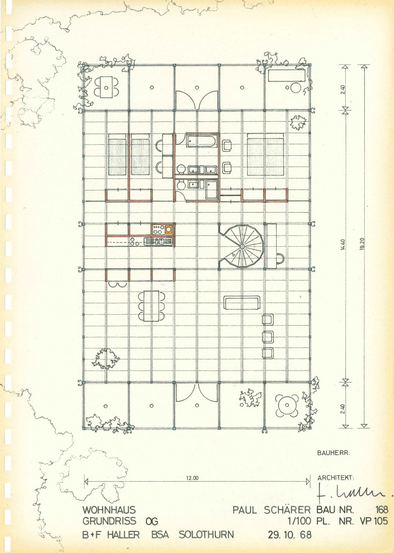 Plano de la primera planta. Plano original de 1968; todas las habitaciones y accesorios siguen una cuadrícula básica de 1,2 x 1,2 m. Casa Buchli de Fritz Haller. 