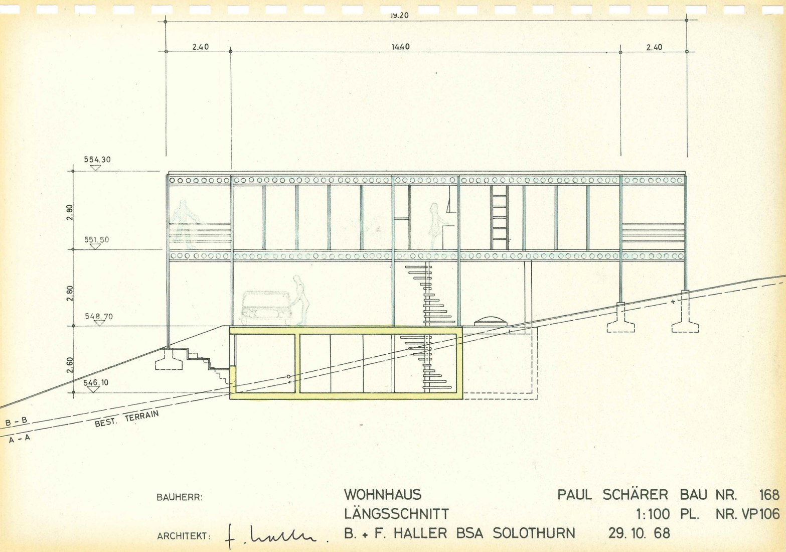 Sección. Plano original de Fritz Haller, 1968. Casa Buchli de Fritz Haller. 